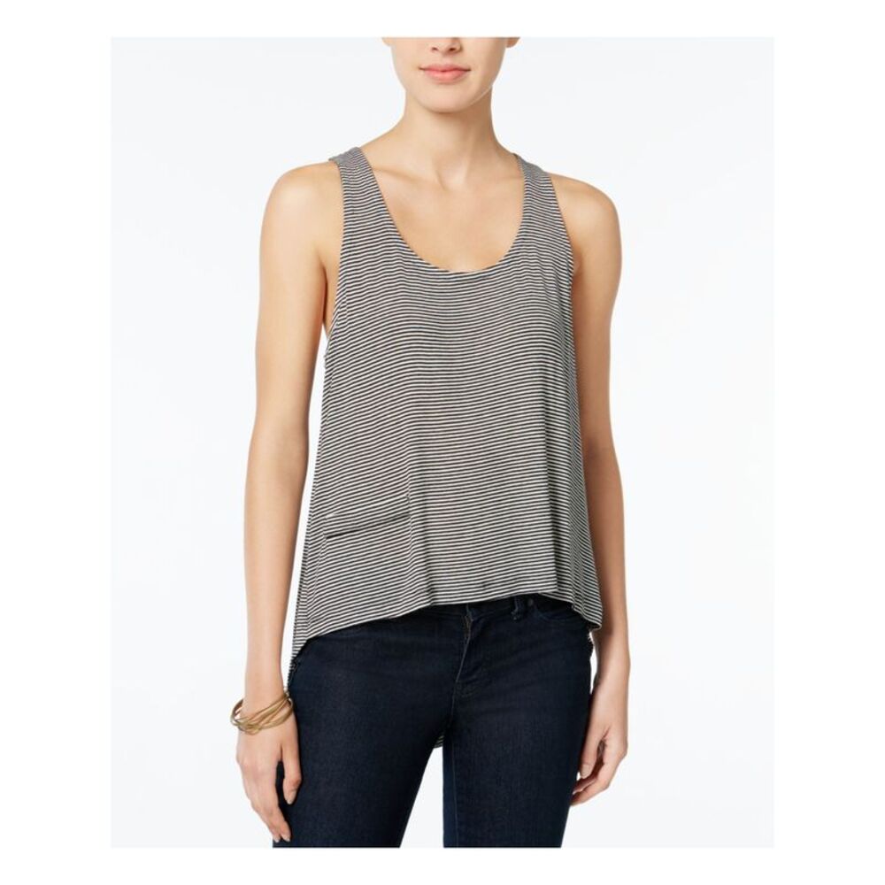 CHELSEA SKY Womens Black Striped Sleeveless Scoop Neck Hi-Lo Top S